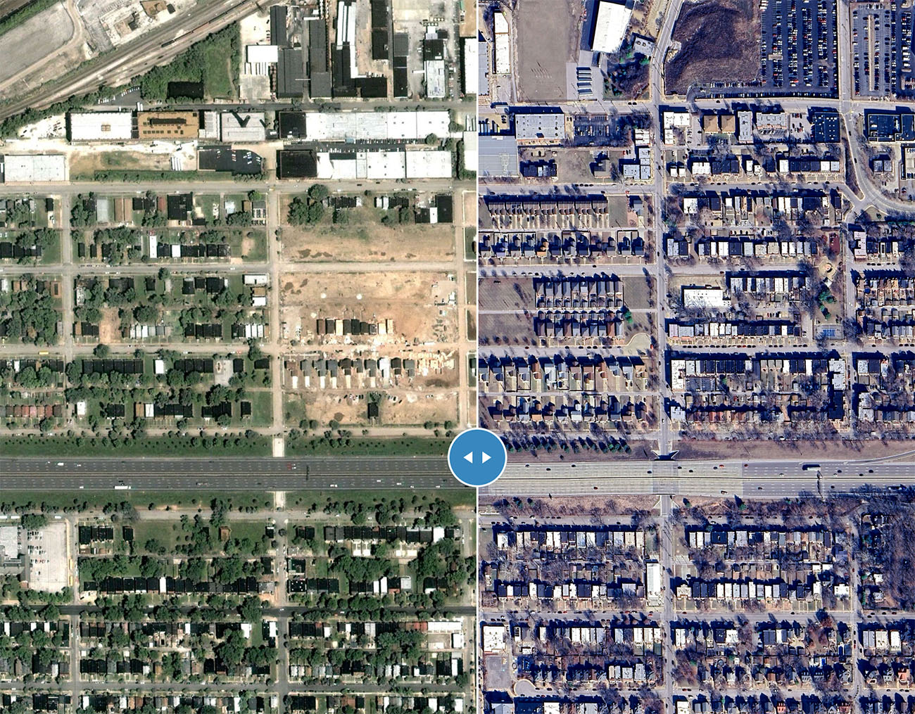 Before and after aerial imagery comparison of St. Louis