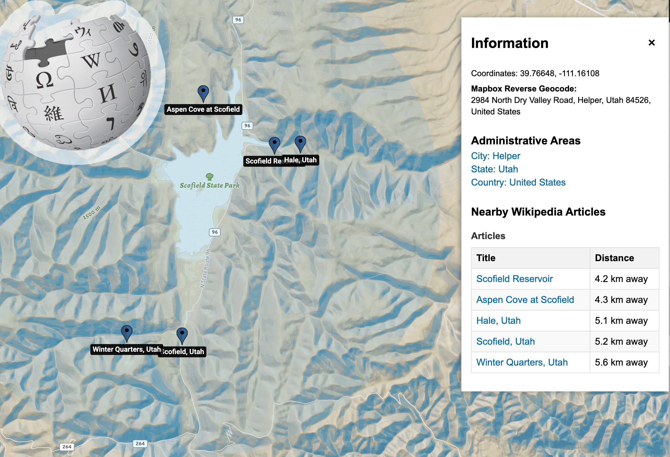 Wikipedia Mapper showing articles near a location